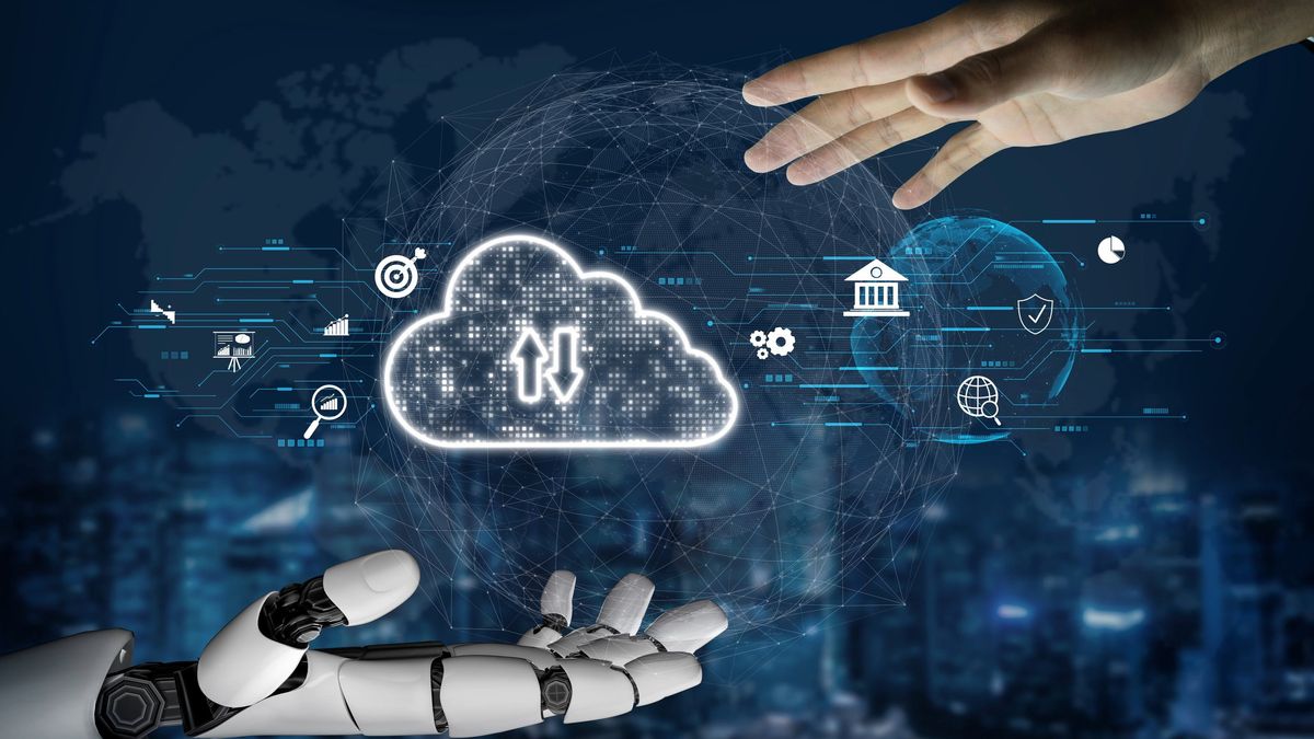 Robot and human hands reaching toward cloud AI platform with business intelligence icons representing managed AI services