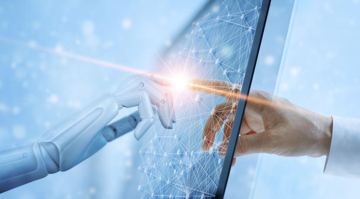 Robot and human hands connecting through digital network, representing secure AI partnership and technology innovation