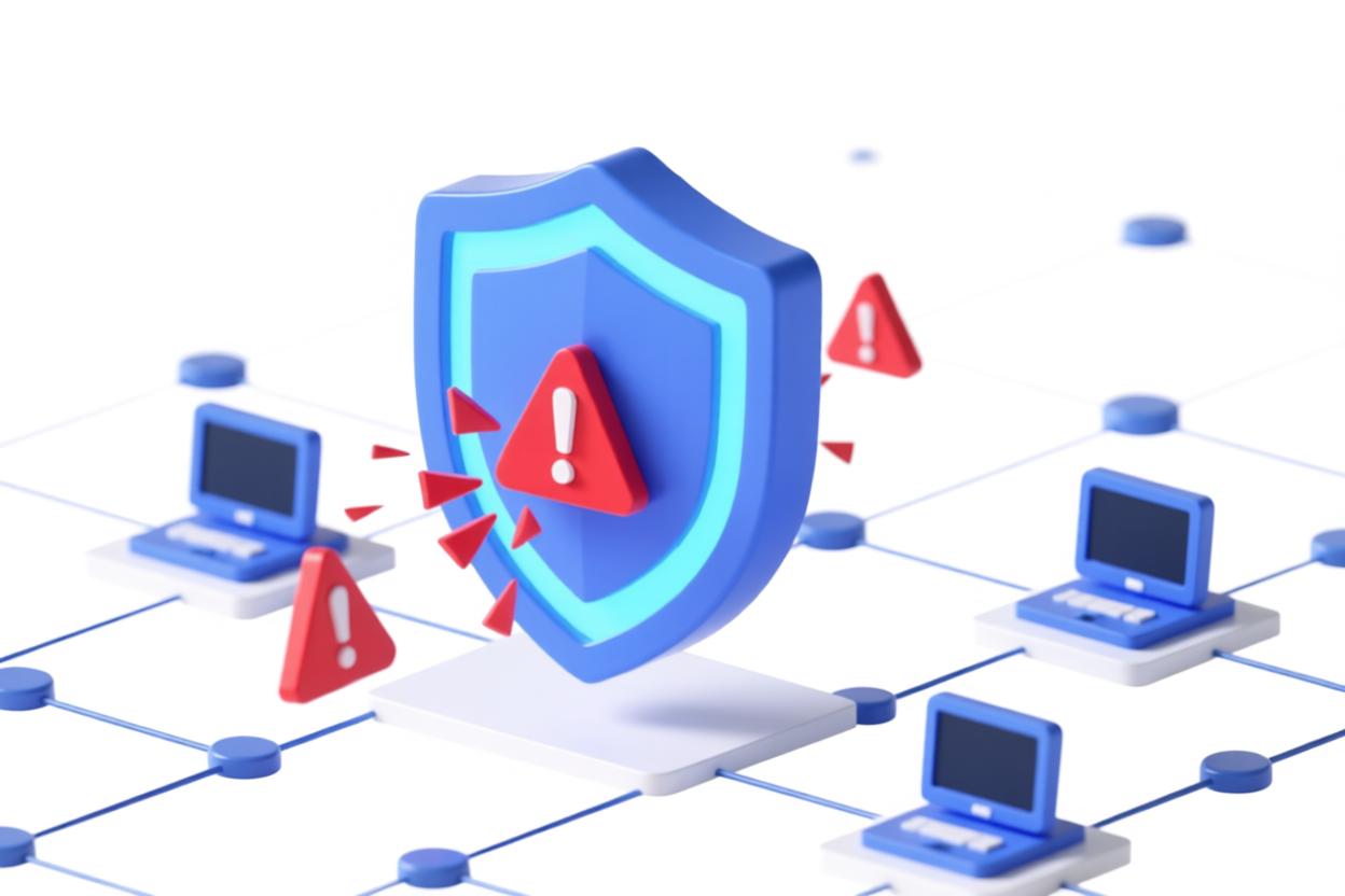 Laptop with a globe on the screen partially covered by a large, glossy blue shield. Represents cybersecurity.